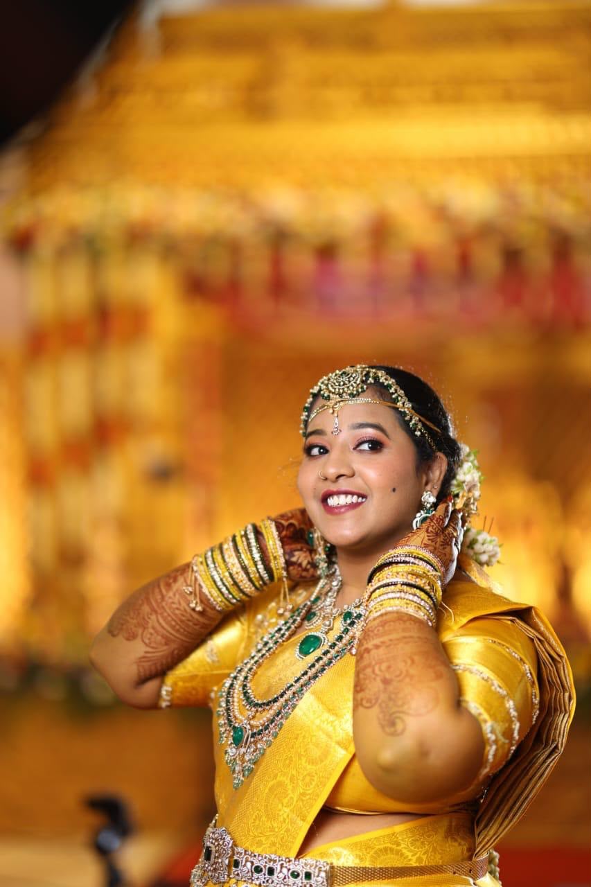 Yellow saree bridal makeup and styling