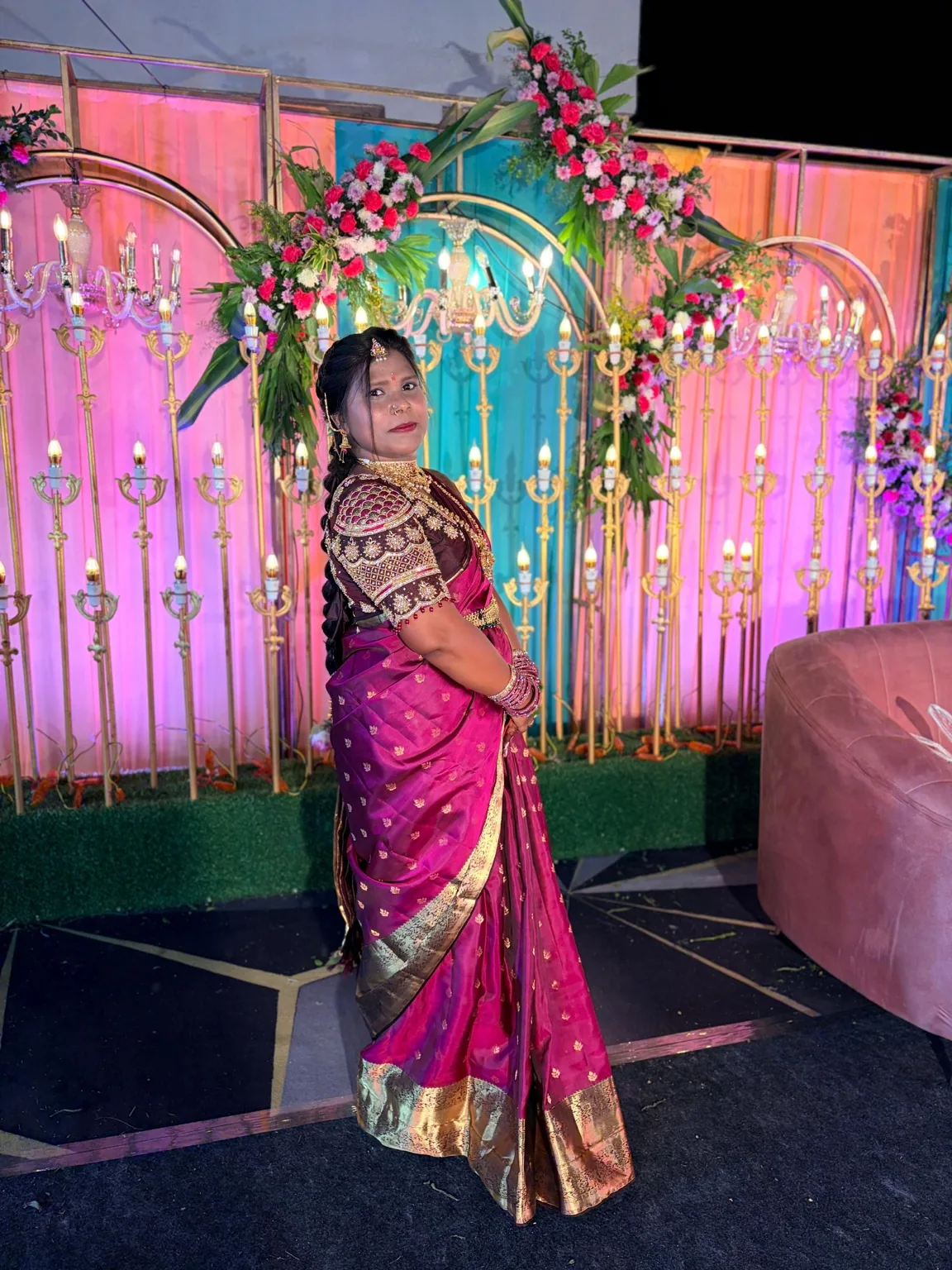 Bridal reception look on decorated stage
